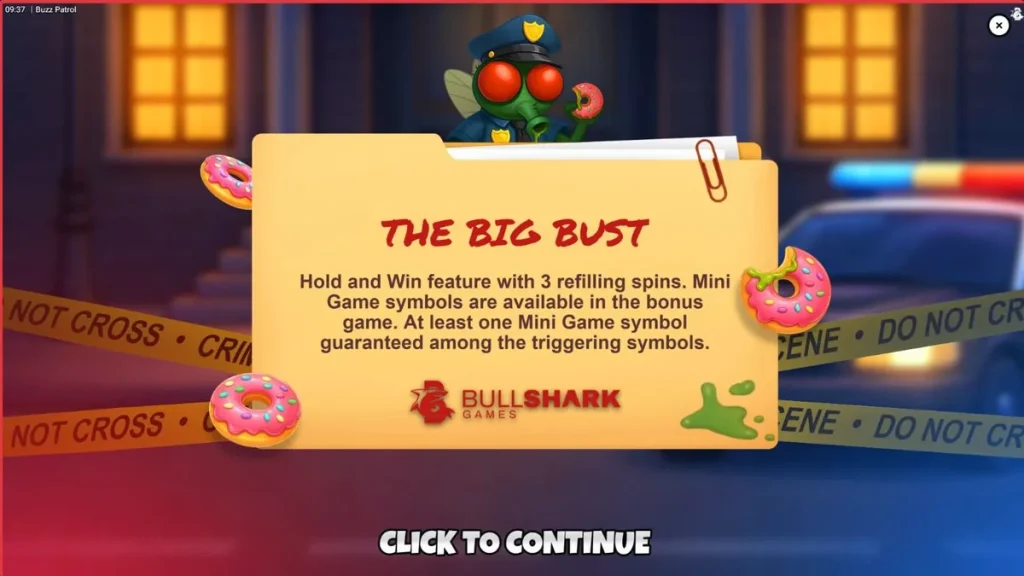 Tampilan visual slot Buzz Patrol dengan tema serangga polisi kartun