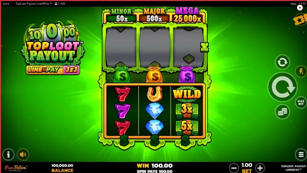 Tampilan grid 3x3 slot TopLoot Payout LineNPay dengan tema harta karun emas
