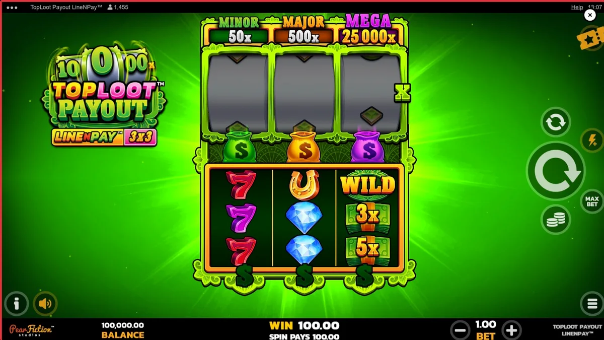 Tampilan grid 3x3 slot TopLoot Payout LineNPay dengan tema harta karun emas