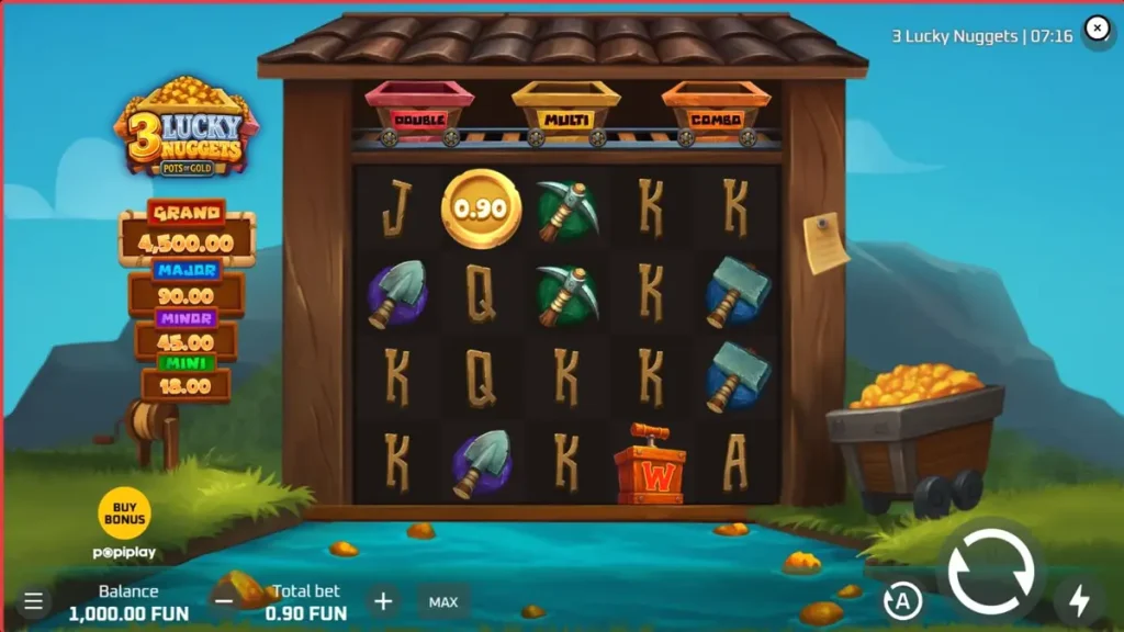 Tampilan visual slot 3 Lucky Nuggets dengan tema penambangan emas